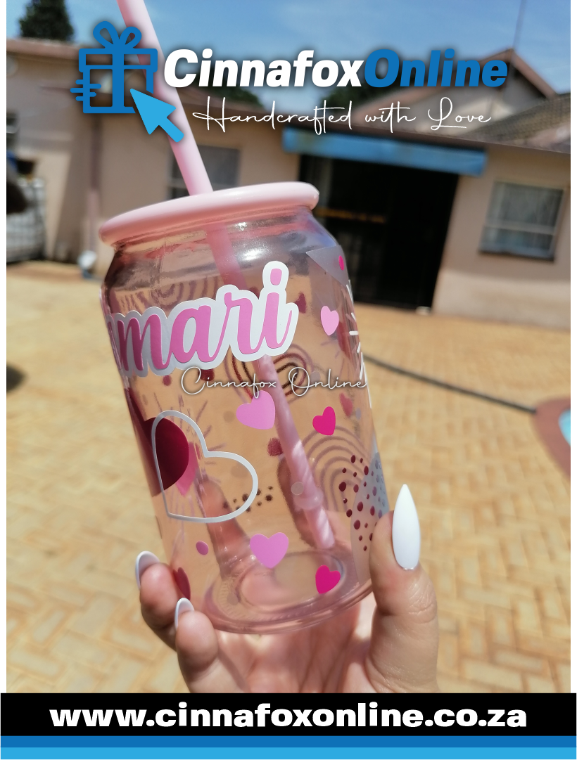 Custom Name -Pink 02 Glass Cup With Lid & Straw