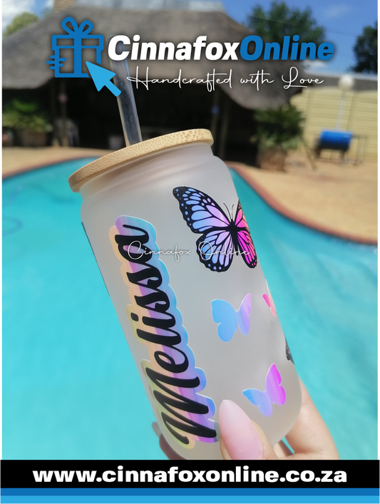 Custom Name - Frosted Glass Cup With Lid & Straw