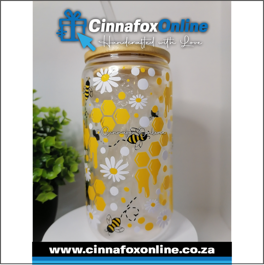 Custom Name - Bee Glass Cup With Lid & Straw