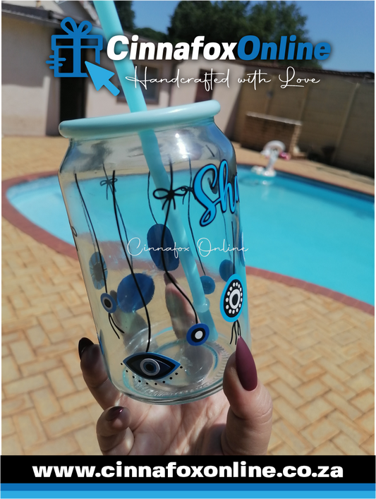 Custom Name - Evil Eye Glass Cup With Lid & Straw