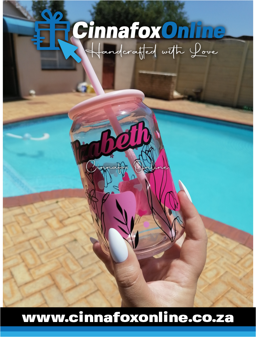 Custom Name -Pink 03 Glass Cup With Lid & Straw