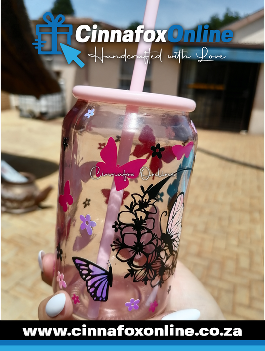 Custom Name -Pink Glass Cup With Lid & Straw