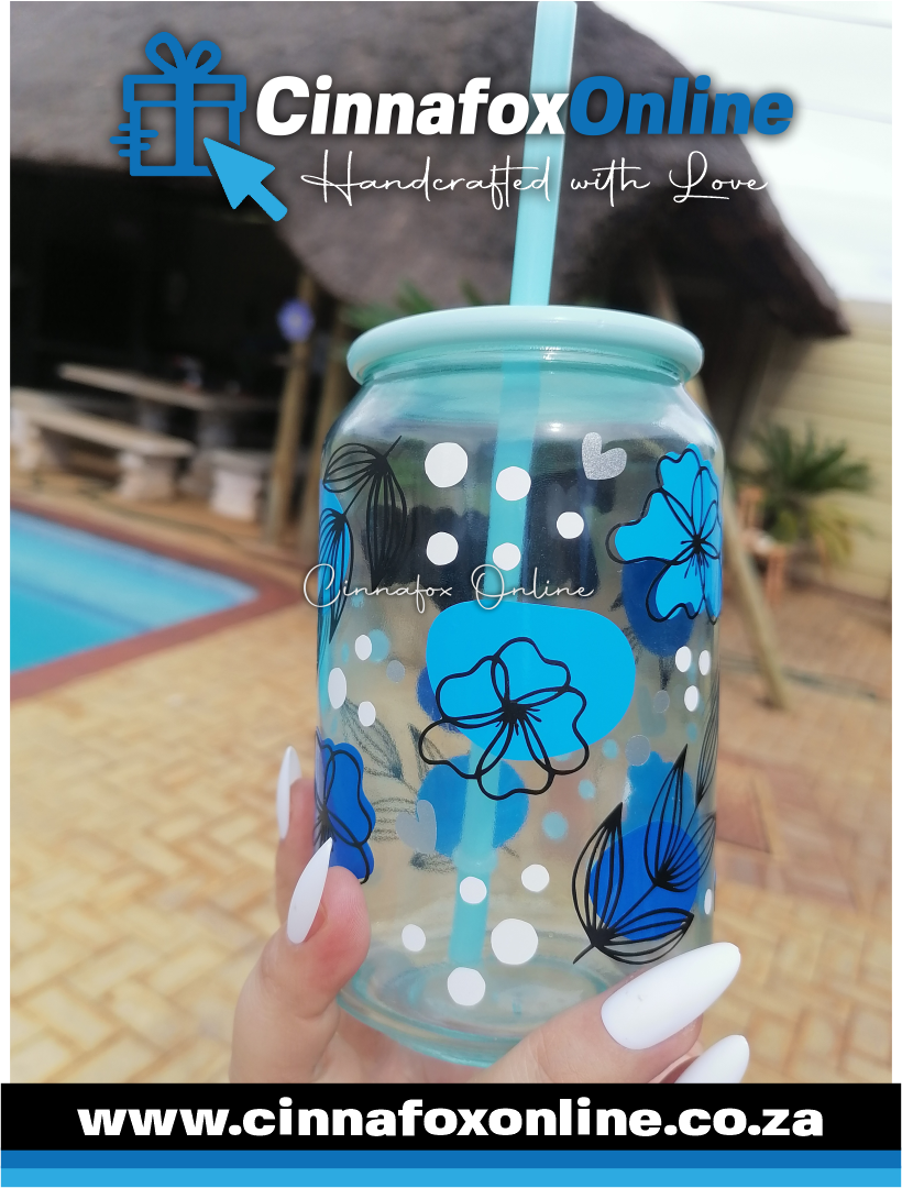 Custom Name - Blue Theme Glass Cup With Lid & Straw