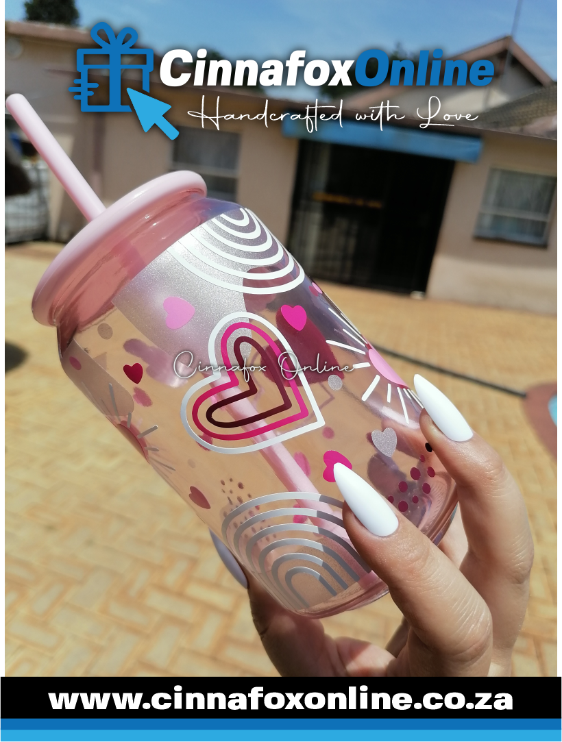 Custom Name -Pink 02 Glass Cup With Lid & Straw