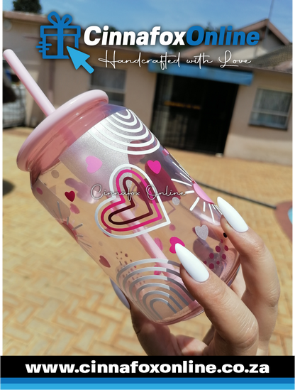 Custom Name -Pink 02 Glass Cup With Lid & Straw