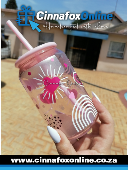 Custom Name -Pink 02 Glass Cup With Lid & Straw