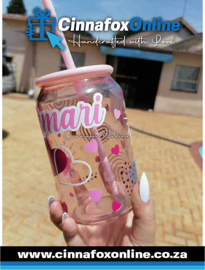 Custom Name -Pink 02 Glass Cup With Lid & Straw