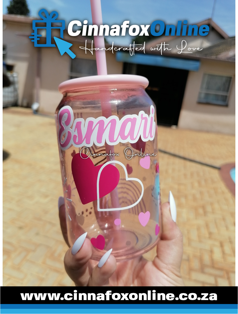 Custom Name -Pink 02 Glass Cup With Lid & Straw