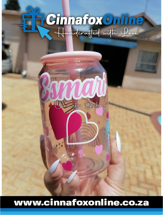 Custom Name -Pink 02 Glass Cup With Lid & Straw