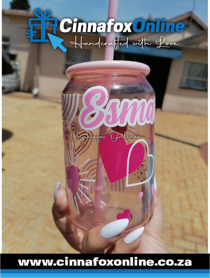 Custom Name -Pink 02 Glass Cup With Lid & Straw