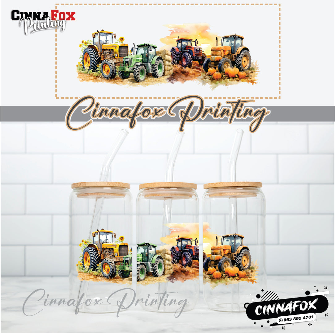 Tractor Glass Cup With Lid & Straw