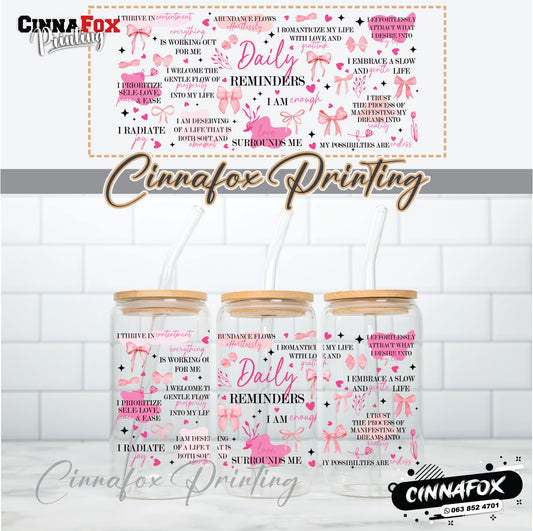 Assorted daily Reminders Pink Glass Cup With Lid & Straw