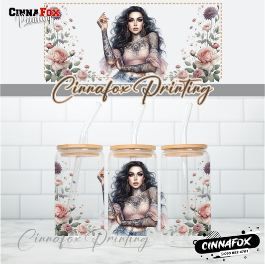 Badass Lady 01 Glass Cup With Lid & Straw