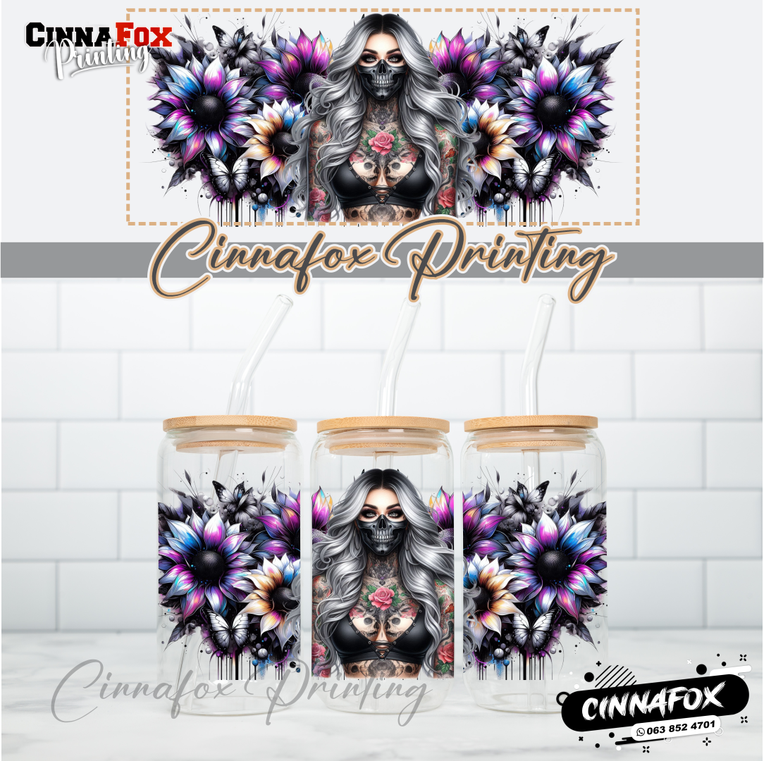 Badass Lady 02 Glass Cup With Lid & Straw