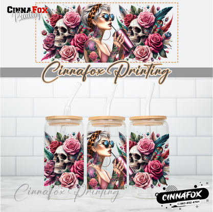 Badass Lady 04 Glass Cup With Lid & Straw