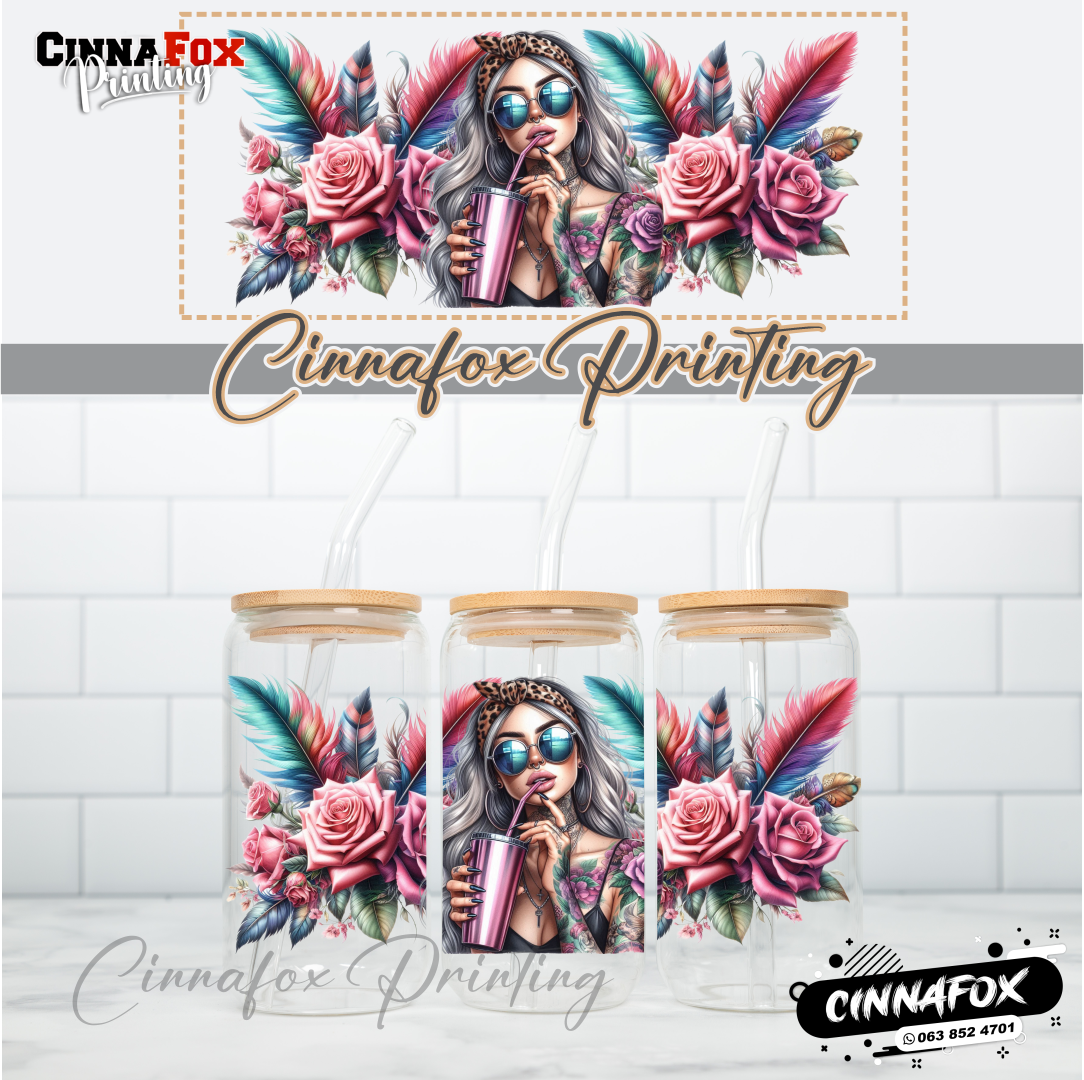 Badass Lady 05 Glass Cup With Lid & Straw