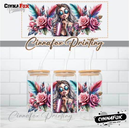 Badass Lady 06 Glass Cup With Lid & Straw