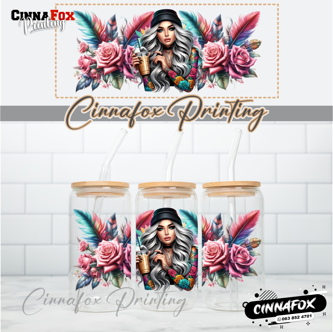 Badass Lady 33 Glass Cup With Lid & Straw