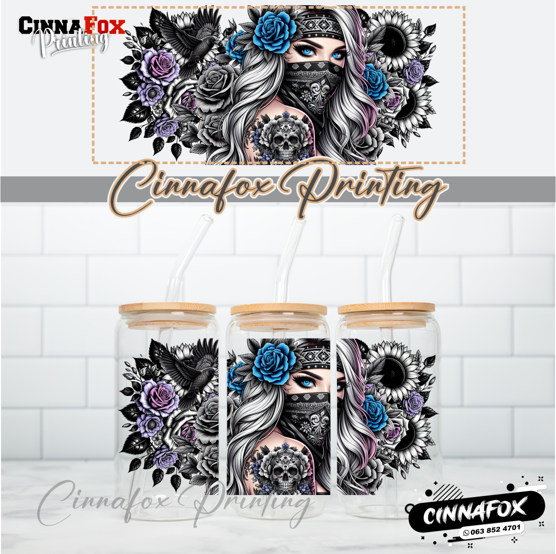 Badass Lady 07 Glass Cup With Lid & Straw