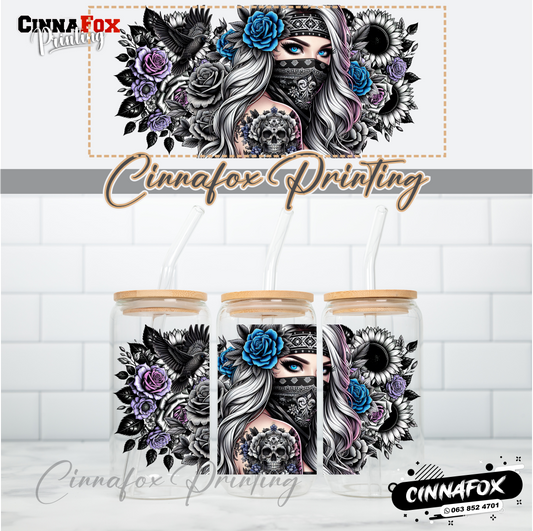 Badass Lady 07 Glass Cup With Lid & Straw