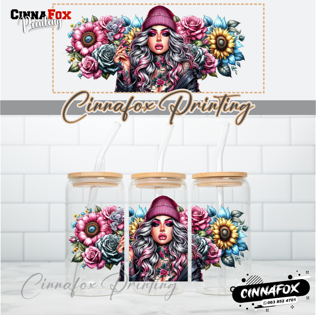 Badass Lady 08 Glass Cup With Lid & Straw