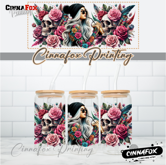 Badass Lady 09 Glass Cup With Lid & Straw