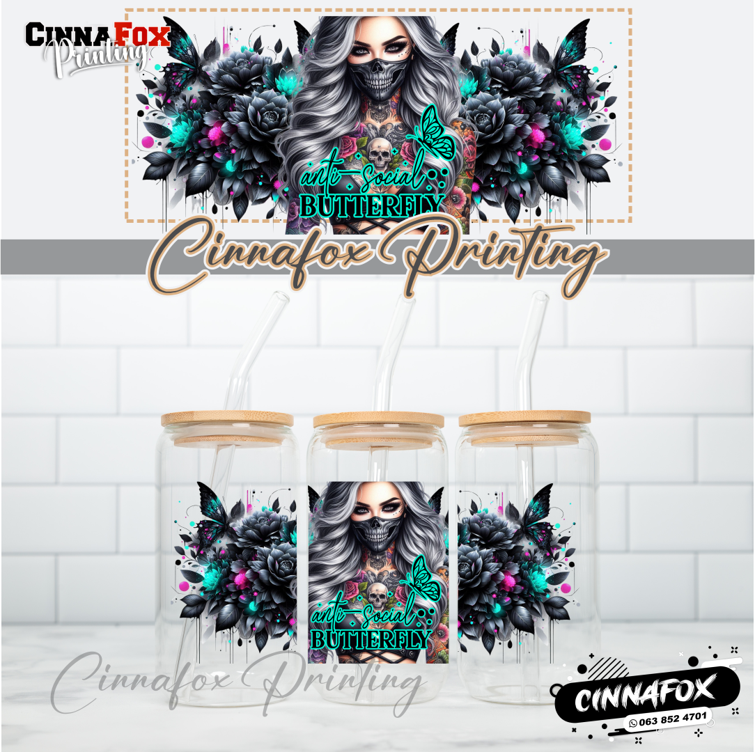 Anti-Social Butterfly Glass Cup With Lid & Straw