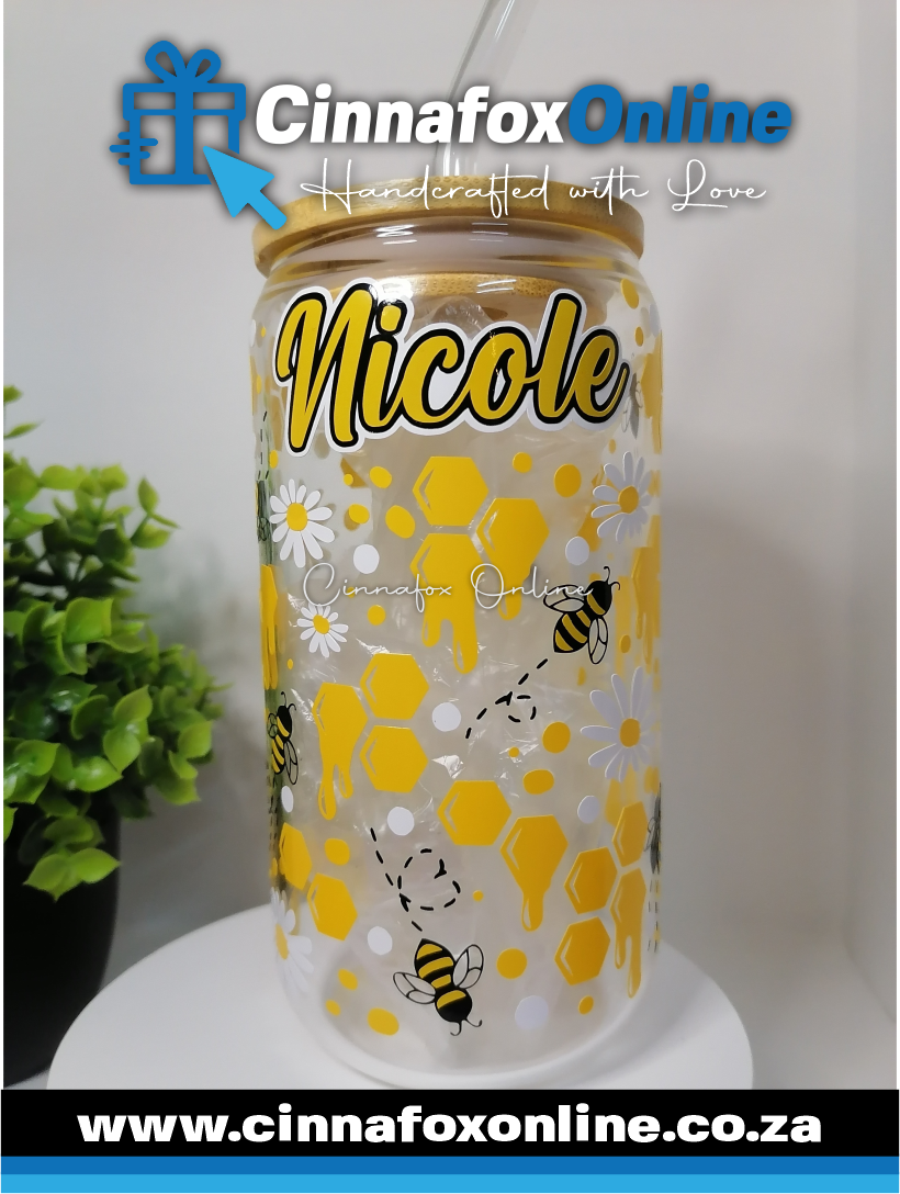 Custom Name - Bee Glass Cup With Lid & Straw