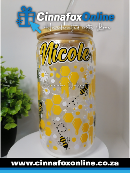 Custom Name - Bee Glass Cup With Lid & Straw