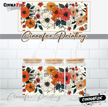 Floral Solid Print Glass Cup With Lid & Straw