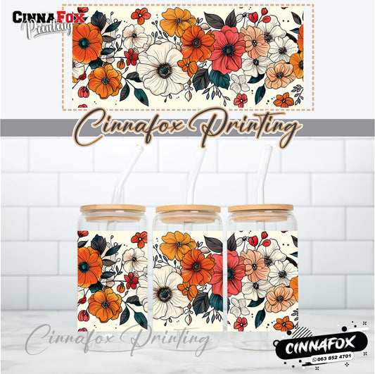 Floral Solid Print Glass Cup With Lid & Straw