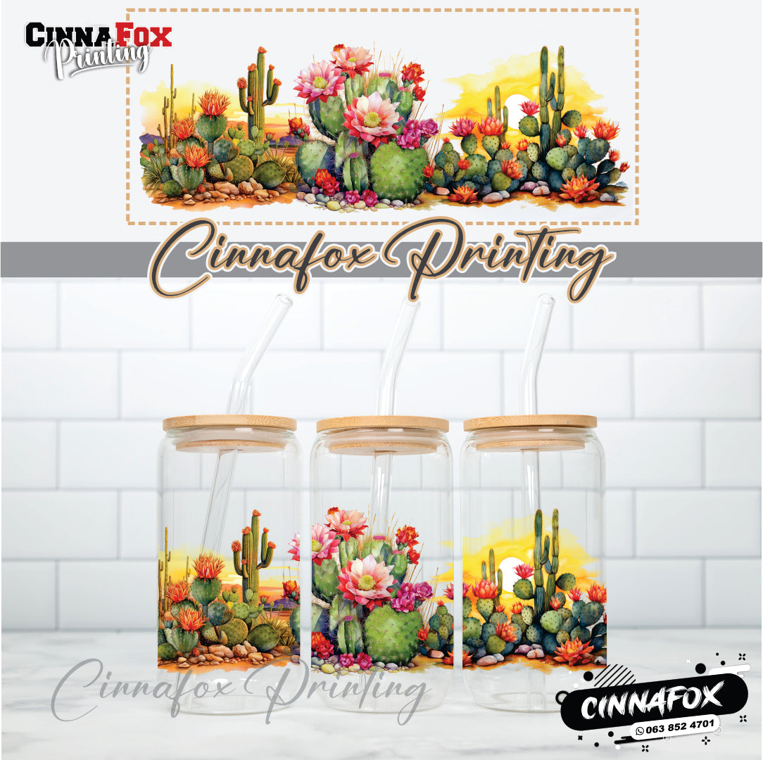 Cactus Glass Cup With Lid & Straw