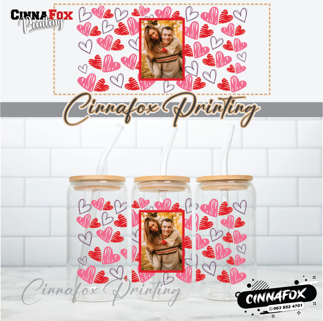 Custom Image Hearts Glass Cup With Lid & Straw