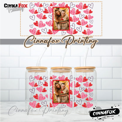 Custom Image Hearts Glass Cup With Lid & Straw