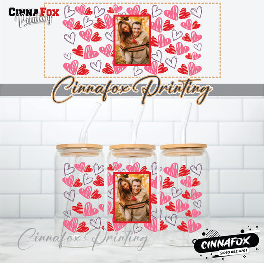 Custom Image Hearts Glass Cup With Lid & Straw