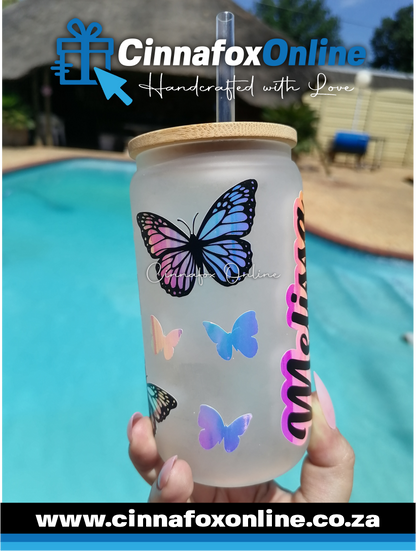 Custom Name - Frosted Glass Cup With Lid & Straw