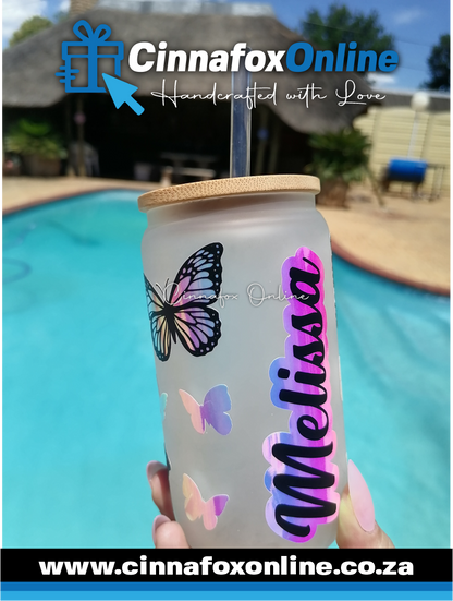 Custom Name - Frosted Glass Cup With Lid & Straw