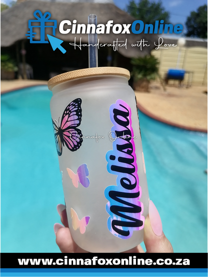 Custom Name - Frosted Glass Cup With Lid & Straw