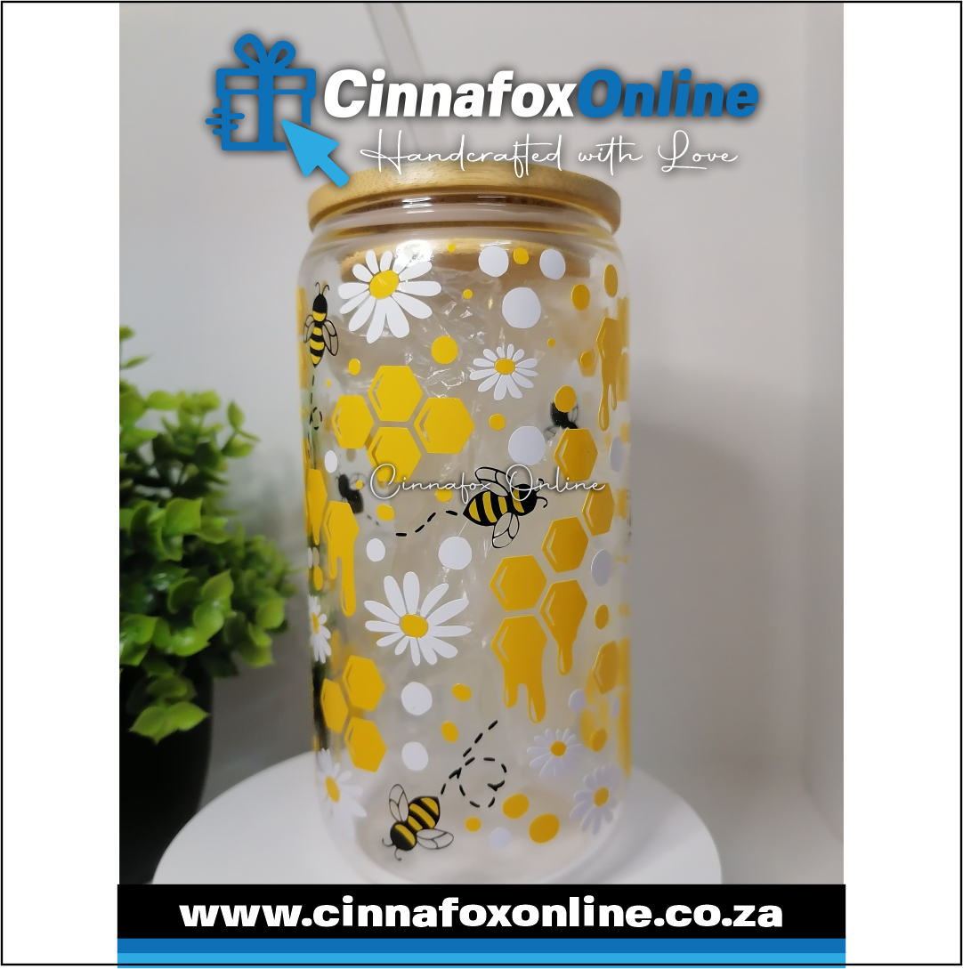 Custom Name - Bee Glass Cup With Lid & Straw