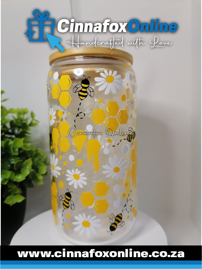 Custom Name - Bee Glass Cup With Lid & Straw
