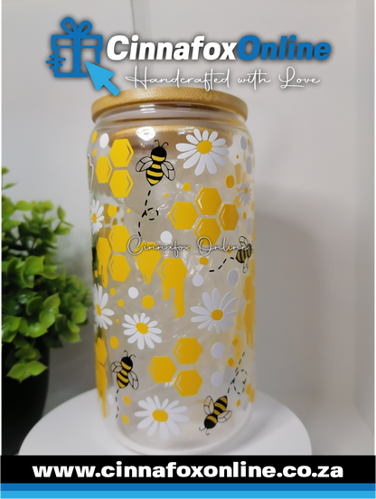 Custom Name - Bee Glass Cup With Lid & Straw