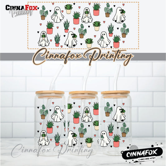 Cute Ghost with Plants Glass Cup With Lid & Straw