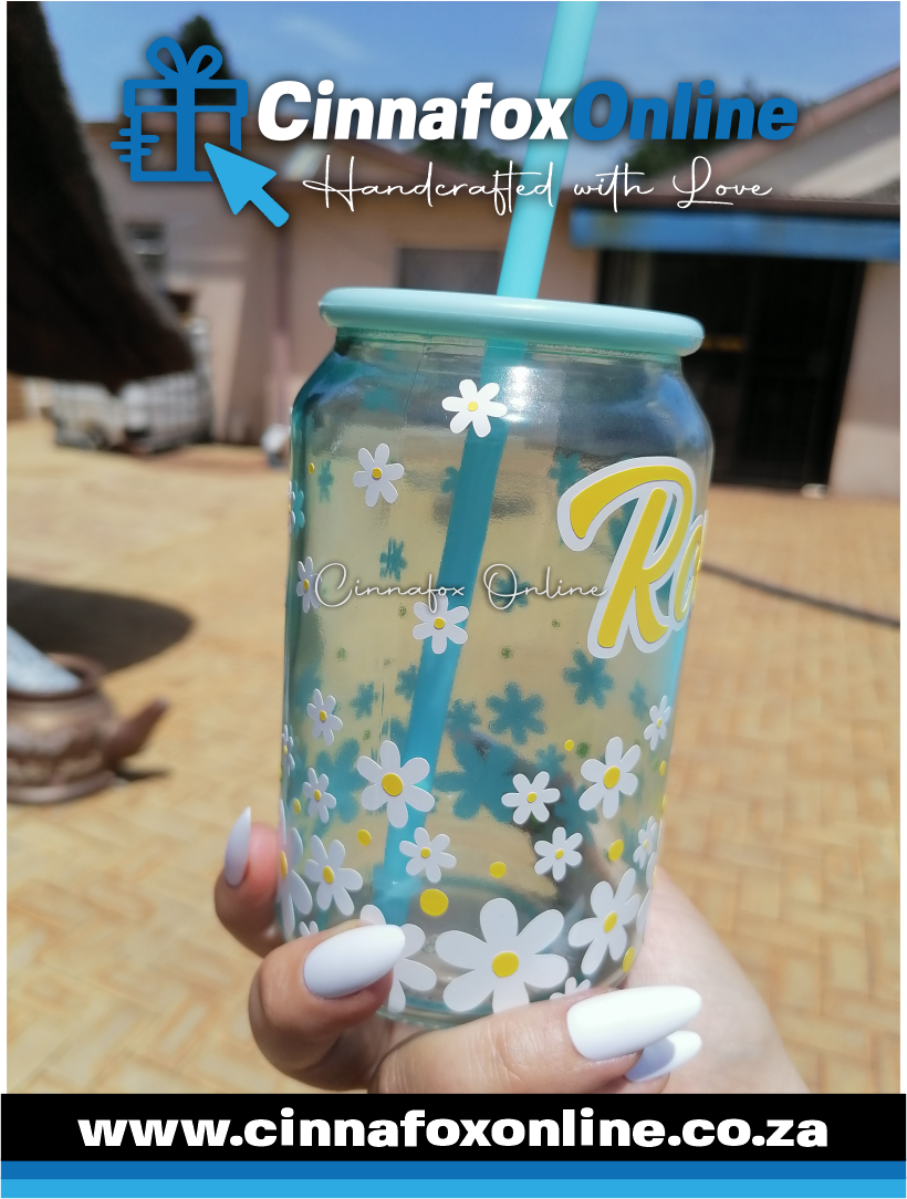 Custom Name - Daisy Glass Cup With Lid & Straw