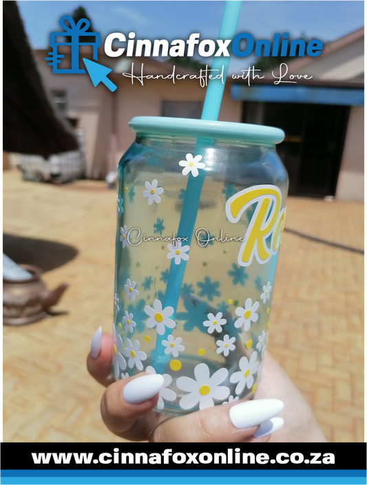 Custom Name - Daisy Glass Cup With Lid & Straw