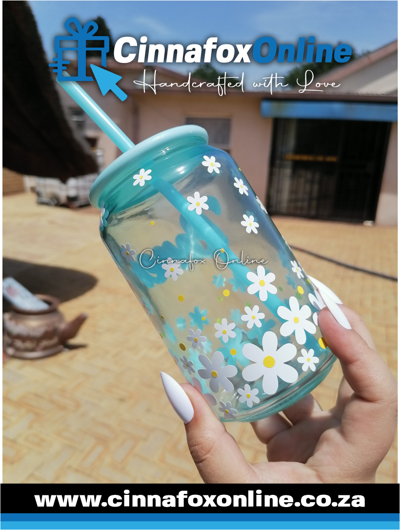 Custom Name - Daisy Glass Cup With Lid & Straw