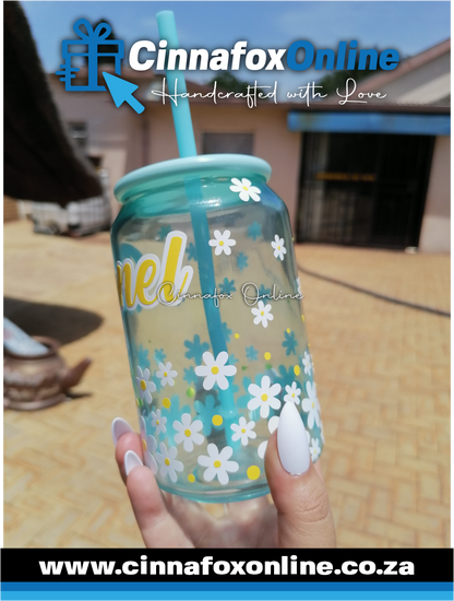 Custom Name - Daisy Glass Cup With Lid & Straw