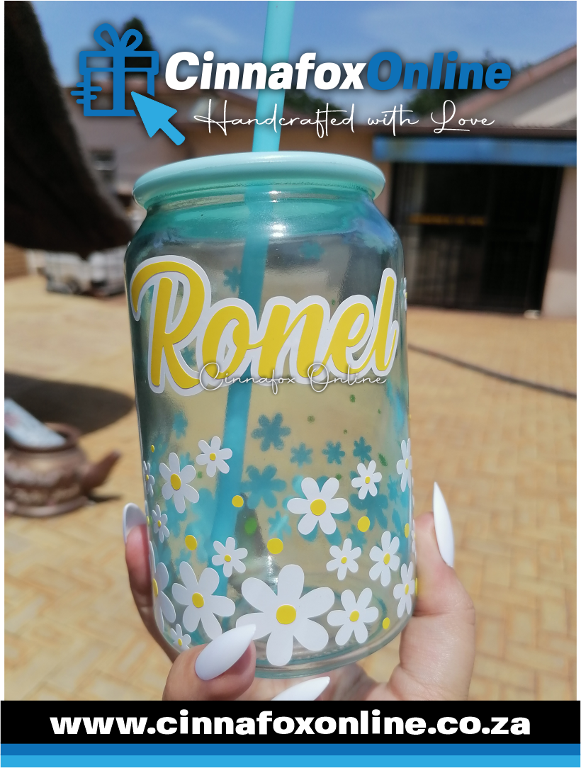 Custom Name - Daisy Glass Cup With Lid & Straw