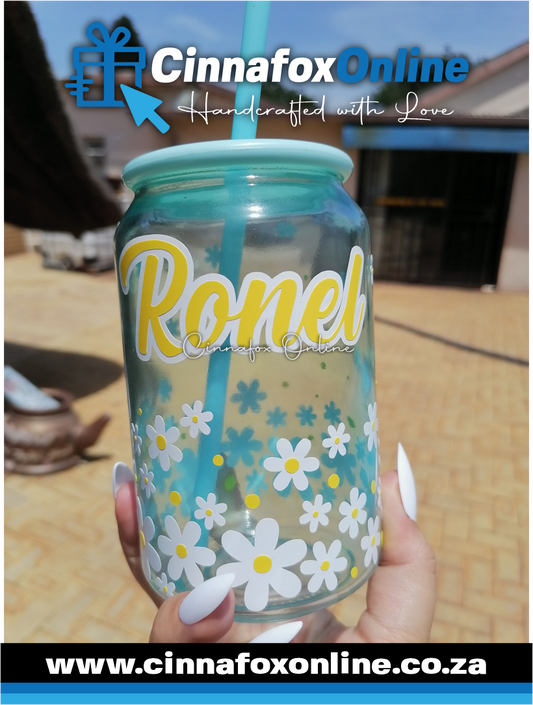 Custom Name - Daisy Glass Cup With Lid & Straw