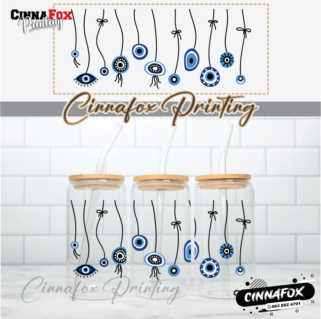 Evil Eye Glass Cup With Lid & Straw