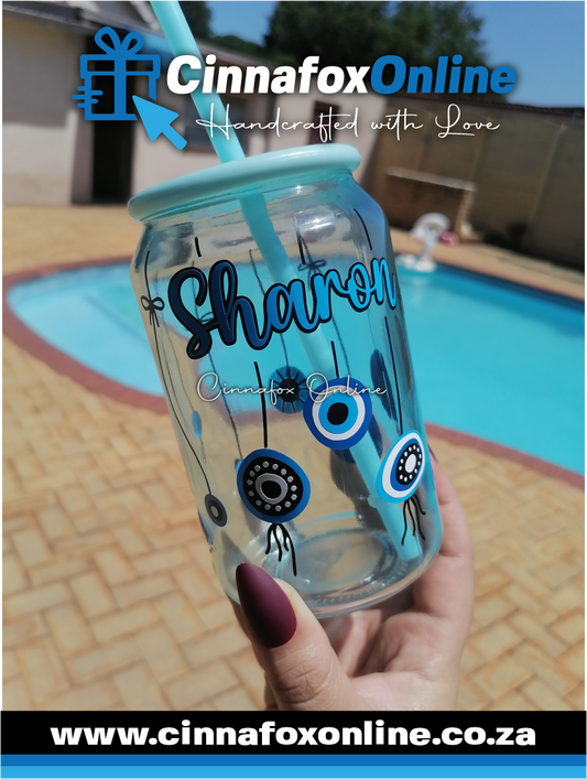 Custom Name - Evil Eye Glass Cup With Lid & Straw